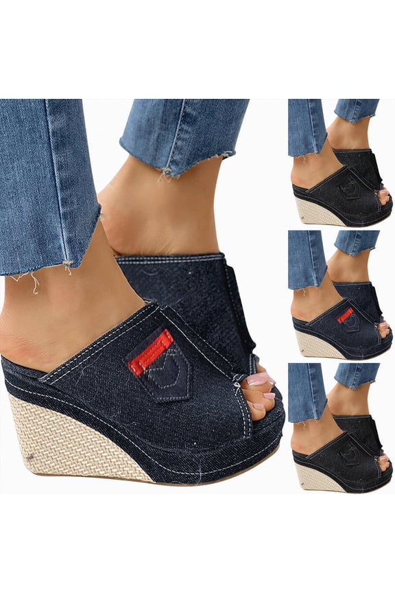 Women's Denim Slippers Wedges Platform Peep Toe Sandals Fashion Slip on Heels Breathable Arch Support Versatile Summer Vacation Shoes Black Size 8.5