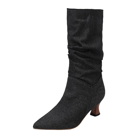 Women's Denim Slouchy Knee High Boots Winter Pointed Toe Kitten Heel Mid Calf Boots Fashion Leather Wide Calf Boots Black Size 7.5