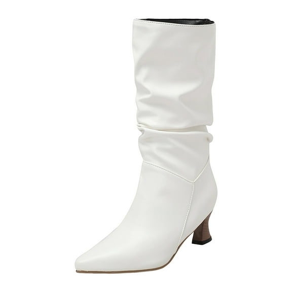 Women's Denim Slouchy Knee High Boots Winter Pointed Toe Kitten Heel Mid Calf Boots Fashion Leather Wide Calf Boots Yellow Size 5.5