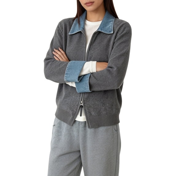 Women's Denim Spliced Collar Zip‑Up Knit Cardigan Top Dark Gray One size
