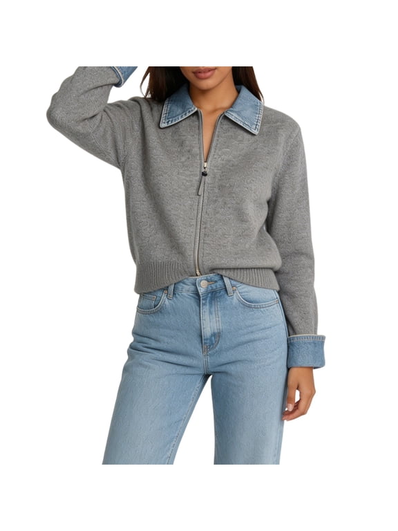 Women's Denim Spliced Collar Zip‑Up Knit Cardigan Top Gray One size