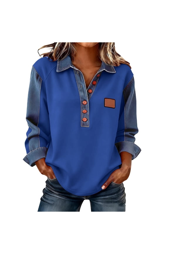 Women's Denim Spliced Crewneck Pullover – Lapel Button Detail, Y2K Inspired Oversized Sweatshirt, Solid Color Long Sleeve Casual Top, Loose Fit Retro Streetwear in Cozy French Terry Fabric