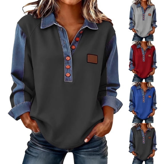 Women's Denim Splicing Casual Long Sleeve Lapel Button Pullover Sweatshirt Hoodie Top Loose Fit Warm Fashion Fall Winter Gift | CSEONE,Dark Gray XL