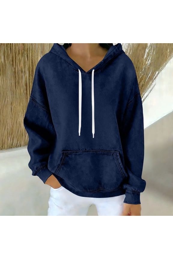 Women's Denim Style Hoodie, Oversized Pullover Sweatshirt, Loose Casual Drawstring Hooded Shirt, Streetwear Tops for Women, Fall Winter Fashion Hoodie Dark Blue S