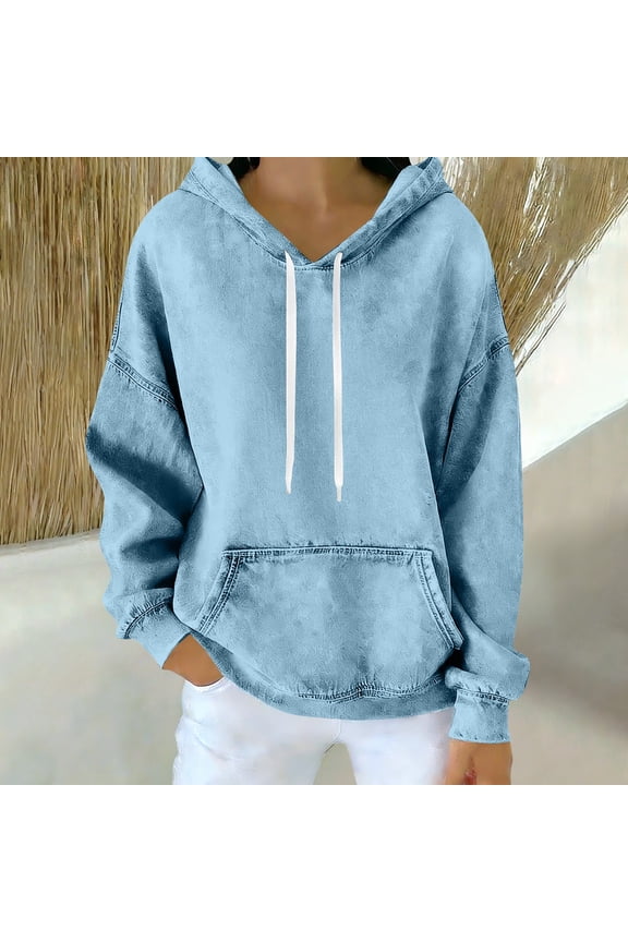 Women's Denim Style Hoodie, Oversized Pullover Sweatshirt, Loose Casual Drawstring Hooded Shirt, Streetwear Tops for Women, Fall Winter Fashion Hoodie Light Blue L
