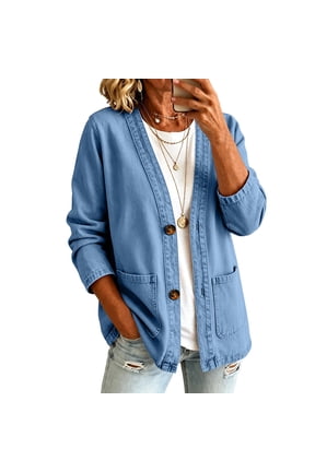 Women's Denim Style Jacket Button Front Cardigan with Patch Pockets Long Sleeves Relaxed Casual Fall Jackets