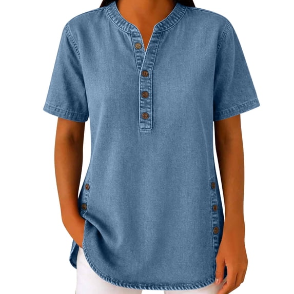 Women's Denim Sweatshirt Pullover Long Sleeve V-Neck Shirt Blouse Button Down Shirts Trendy Ladies Blouses Tops Casual Lightweight Spring Summer Outfits