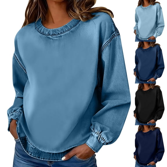 Women's Denim Sweatshirts Long Sleeve Crew Neck Jean Pullover Vintage Casual Loose Shirts Fashipn Spring Fall Outfits