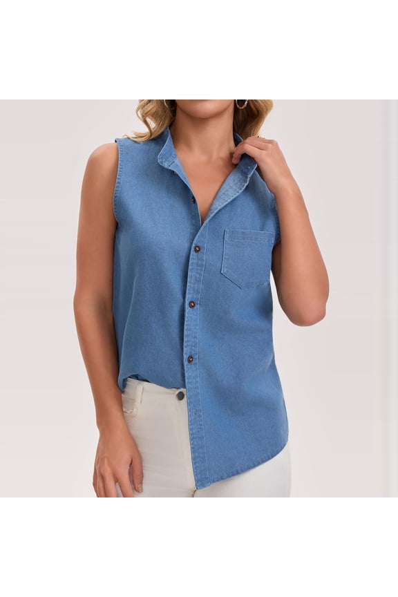 Women's Denim Tank Top Sleeveless Shirt Tops with Flared Collar Buttoned Pocket Casual Daily Wear Vacation Beach Outfits Travel Friendly Lightweight Vacation Outfits for Photo Op