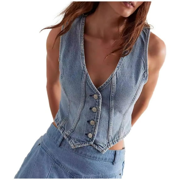 Women's Denim Tank Top V Neck Sleeveless Buttons Fashion Casual Comfortable Vest For Summer Daily Wear,Light Blue,L