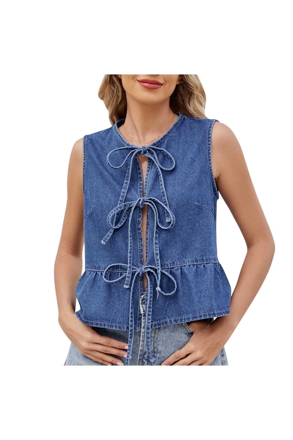Women's Denim Tank Tops Casual Bow Tie Front Summer Sleeveless Shirts Solid Color Trendy Casual Basic Vest (M, Blue)