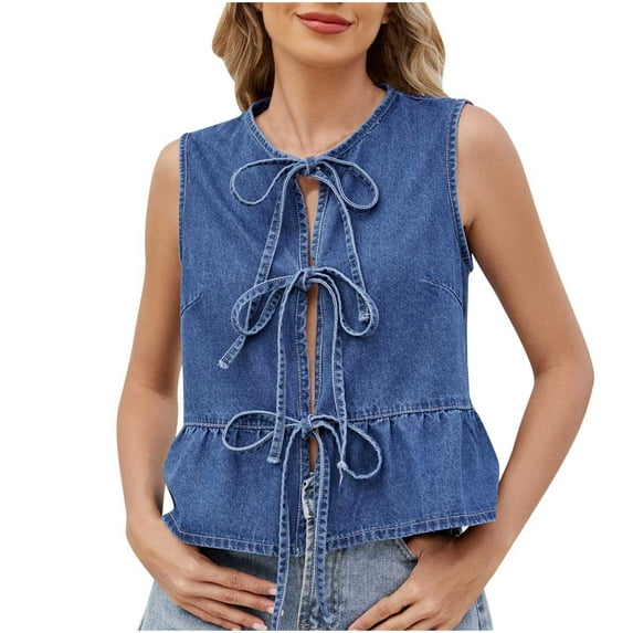 Women's Denim Tank Tops Casual Bow Tie Front Summer Sleeveless Shirts Solid Color Trendy Casual Basic Vest (S, Blue)
