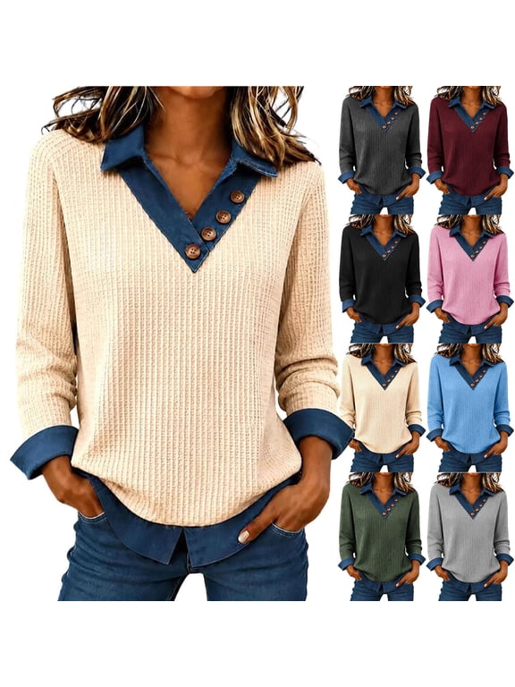 Women's Denim Trim Collared Top Ribbed Knit Long Sleeve Button Detail Casual Pullover