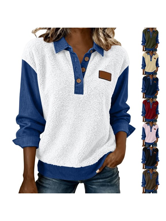 Women's Denim Trim Sherpa Top Collared Half Button Long Sleeve Casual Pullover