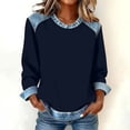 thumbnail image 1 of Women's Denim Trim Sweatshirt, Crewneck Pullover with Denim Accents, Long Sleeve Casual Loose Fit Top, Streetwear Fashion Crewneck Sweatshirt Navy XXL, 1 of 5