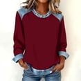 thumbnail image 1 of Women's Denim Trim Sweatshirt, Crewneck Pullover with Denim Accents, Long Sleeve Casual Loose Fit Top, Streetwear Fashion Crewneck Sweatshirt Wine XXXL, 1 of 5