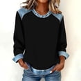 thumbnail image 1 of Women's Denim Trim Sweatshirt, Crewneck Pullover with Denim Accents, Long Sleeve Casual Loose Fit Top, Streetwear Fashion Crewneck Sweatshirt Black L, 1 of 5