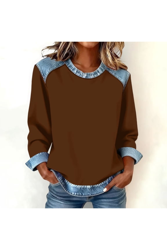Women's Denim Trim Sweatshirt, Crewneck Pullover with Denim Accents, Long Sleeve Casual Loose Fit Top, Streetwear Fashion Crewneck Sweatshirt Brown L