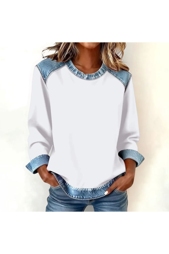Women's Denim Trim Sweatshirt, Crewneck Pullover with Denim Accents, Long Sleeve Casual Loose Fit Top, Streetwear Fashion Crewneck Sweatshirt White S