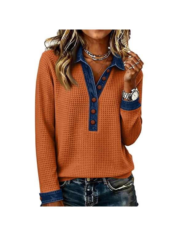 Women's Denim Trim Waffle Henley Shirt Long Sleeve Contrast Collar Button Placket Casual Blouse Knit Top for Fall Spring Walks