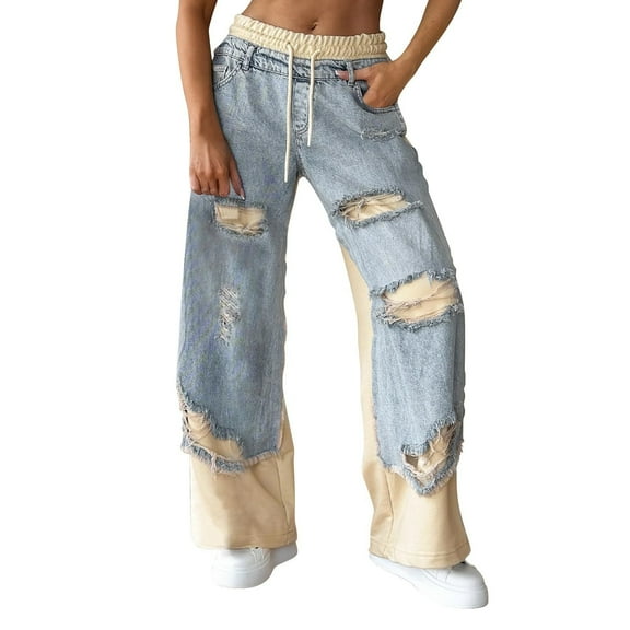 CHUMUD Women's Denim Trousers with Stitching and Ripped Design 2025 Fashion Drawstring Elastic Waist Wide Leg Patchwork Jeans