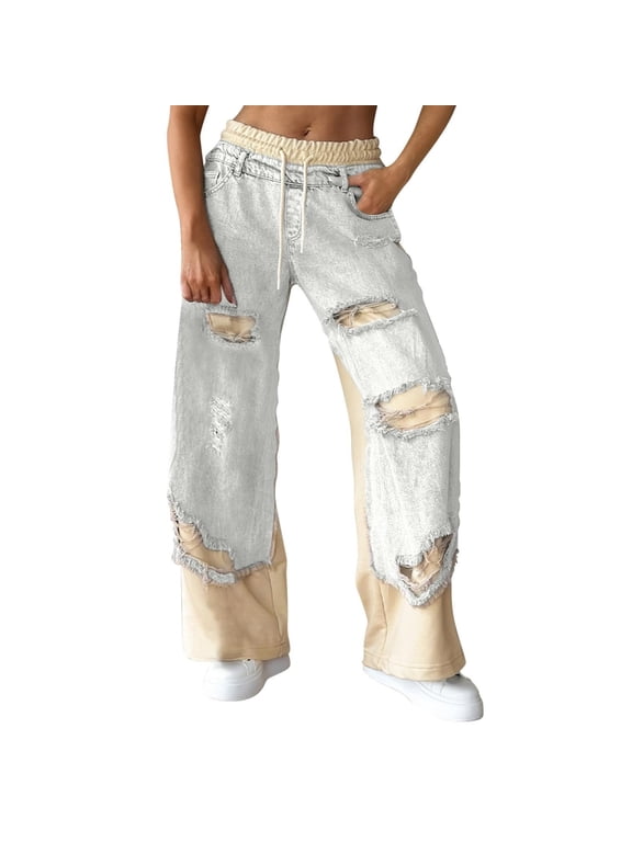 Women's Denim Trousers with Stitching and Ripped Design 2025 Fashion Drawstring Elastic Waist Wide Leg Patchwork Jeans