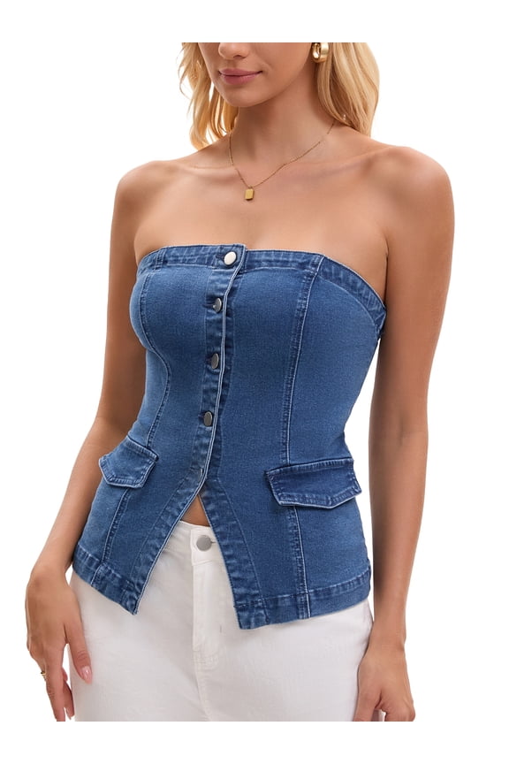 Women's Denim Tube Tops Button Front Elastic Back Crop Strapless Bandeau Top S Blue