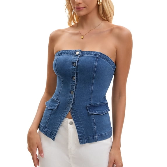 Women's Denim Tube Tops Button Front Elastic Back Crop Strapless Bandeau Top S Blue