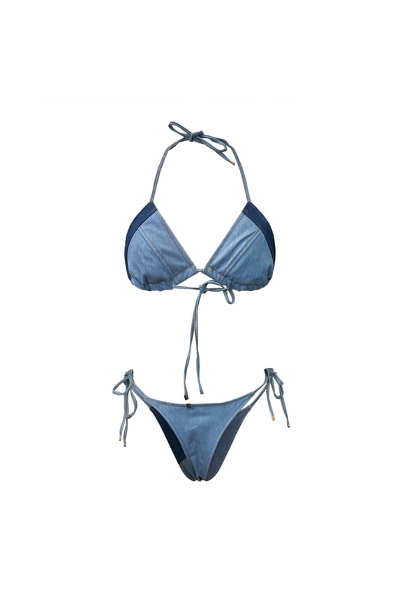 Women's Denim Two Piece Bikini Set Trendy Hollow out High Waist Swimsuit Padded Triangle Push Up Swimwear Backless Bathing Suit Beachwear Blue M