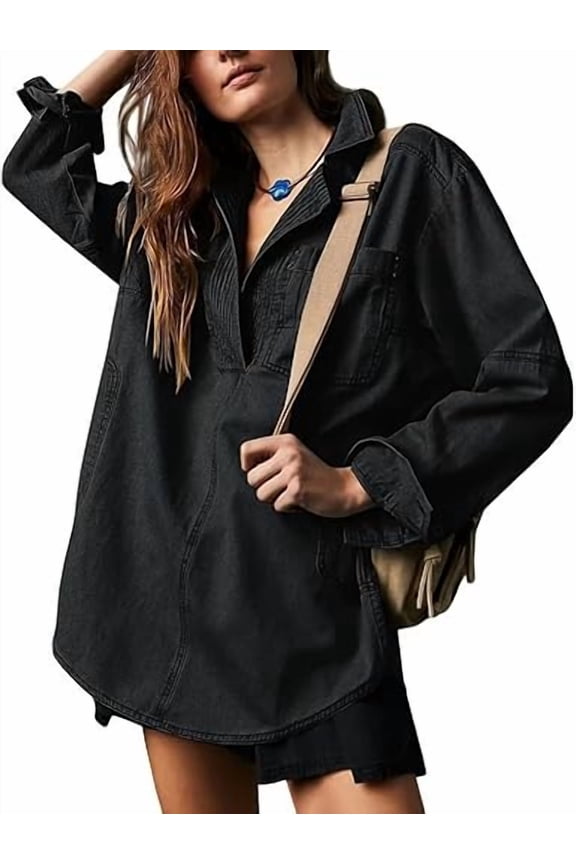 Women's Denim V-Neck Pullover Shirt, Oversized Drop Shoulder Long Sleeved Jean Shirts, Trendy Loose Fit Turndown Jacket