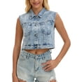 thumbnail image 1 of Women's Denim Vest Button Down Jacket Washed Rhinestones Sleeveless Jean Jacket S Light Blue, 1 of 6