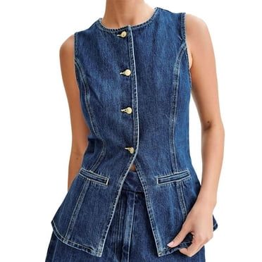 Women's Denim Vest Button down Sleeveless Back Slit Tunic Jean Jacket Open Front Slimming Tight Fashion Vest Tops, Blue, L