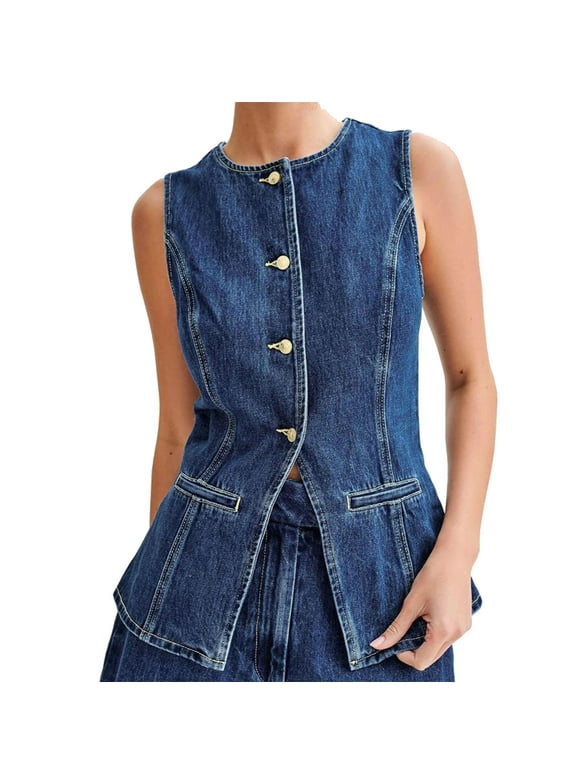 Women's Denim Vest Button down Sleeveless Back Slit Tunic Jean Jacket Open Front Slimming Tight Fashion Vest Tops, Blue, L
