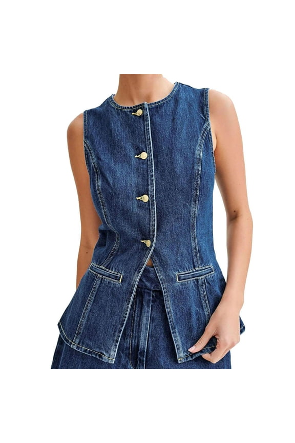 Women's Denim Vest Button down Sleeveless Back Slit Tunic Jean Jacket Open Front Slimming Tight Fashion Vest Tops, Blue, L