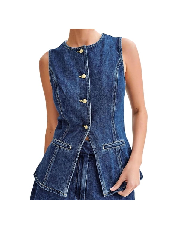 Women's Denim Vest Button Down Sleeveless Back Slit Tunic Jean Jacket Open Front Slimming Tight Fashion Vest Tops, Blue, XL