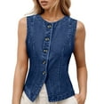 thumbnail image 1 of Women's Denim Vest Sleeveless Button Down Jean Top Casual Western Fitted Crew Neck Outerwear Summer Tank, 1 of 2