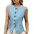 thumbnail image 1 of Women's Denim Vest Sleeveless Button Down Jean Top Casual Western Fitted Crew Neck Outerwear Summer Tank, 1 of 2