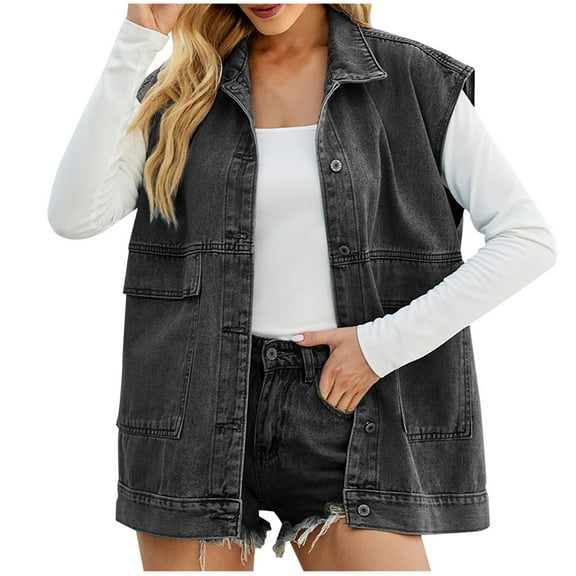 Women's Denim Vest Sleeveless Casual Button Down Mid Length with Pockets Denim Jean Vest Jacket
