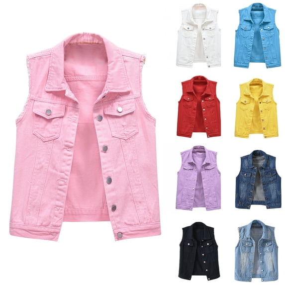 Women's Denim Vest Sleeveless Casual Flattering Fit Lightweight Summer Outerwear Vest Jacket Top by Yigetop Black L