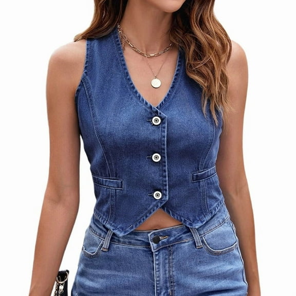Women's Denim Vest Sleeveless Single-Breasted, V-Neck Jean Waistcoat for Casual Layering Dark Blue S