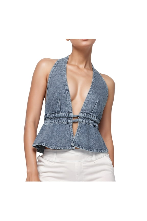 Women's Denim Vest Sleeveless Streetwear Fashion Halterneck Backless Tie Front Casual Jean Tank Top