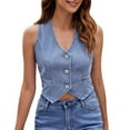 thumbnail image 1 of Women's Denim Vest Sleeveless V Neck Button Down Cropped Casual Jean Vest Top for Spring Summer Fall, 1 of 2