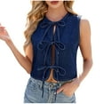 thumbnail image 1 of Women's Denim Vest Top Sleeveless V Neck Bow Tie Front Jean Vest Summer 2025 Trendy Casual Waistcoat Y2K Clothes, 1 of 9