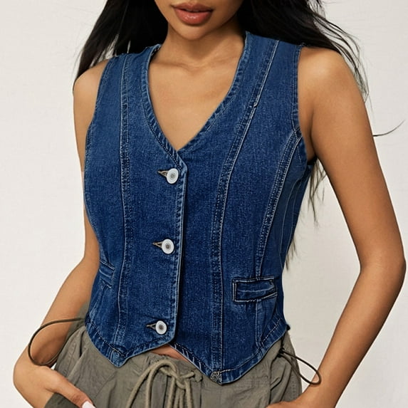 Women's Denim Vest Top V Neck Sleeveless Button Down Cropped Jean Jacket Western Style Trendy Casual Outfit