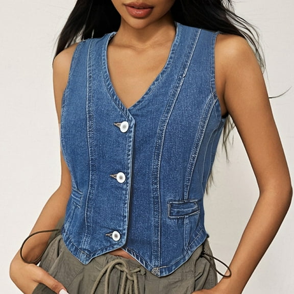 Women's Denim Vest Top V Neck Sleeveless Button Down Cropped Jean Jacket Western Style Trendy Casual Outfit