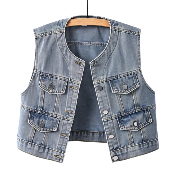 Women's Denim Vest Vintage Croppped Waistcoat V-Neck Jean Gilet Botton Vest Blue XXXXL