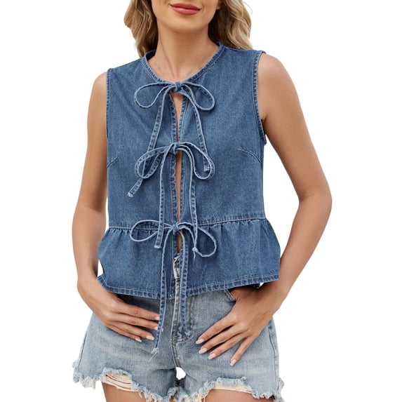 Women's Denim Vest with Ruffle Trim Scoop Neck Tie Front Sleeveless Jean Jacket Solid Color Summer Waistcoat Elegant Cowboy Cami Top
