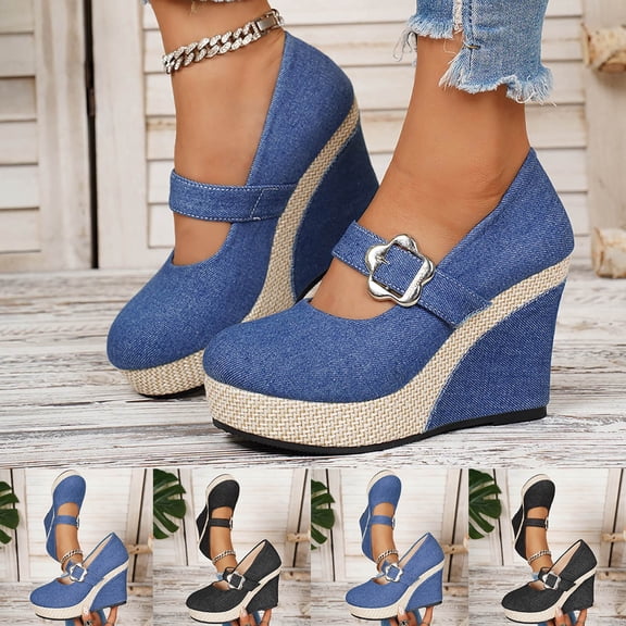 Women's Denim Wedge Heel Pumps, Plus Size Comfortable Platform Wedge Heel Shoes for Summer Wear