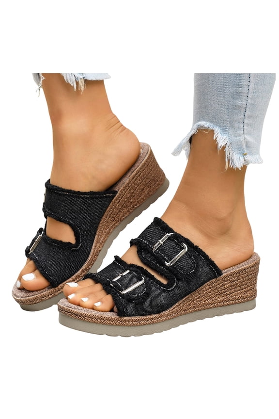 Women's Denim Wedge Sandals Non Slip Open Toe Heeled Shoes Lightweight Slip On Mules with Buckle Strap Black Size 6.5