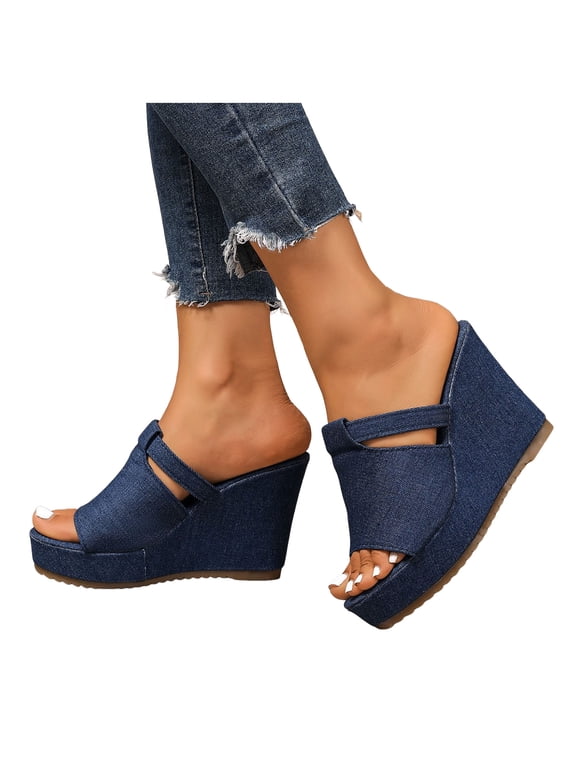 Women's Denim Wedge Sandals Slip On Wide Width Platform Sandal Breathable Open Toe Dressy Slide Shoes Blue Size 9